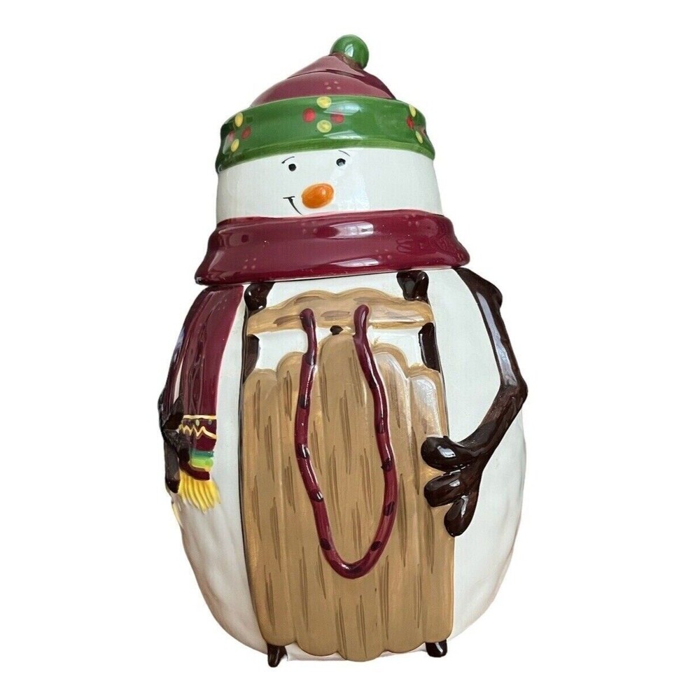 Ceramic Cookie Jar Snowman Sled Christmas Holiday Winter Hand Painted for Nonni
